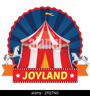 Amusement park emblem with striped circus tent and horses on blue round background with rays vector illustration Stock Vector