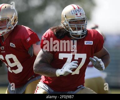 San Francisco 49ers offensive lineman Colton McKivitz (68) blocks during an  NFL preseason football game against the Green Bay Packers, Friday, Aug. 12,  2022, in Santa Clara, Calif. (AP Photo/Scot Tucker Stock