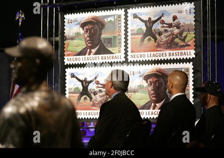 Two commemorative stamps paying homage to the hundreds of men who played baseball in Negro Leagues were unveiled Thursday, July 15, 2010, at Kansas City&apos;s Negro Leagues Baseball Museum in Kansas City, Missouri. (Photo by David Pulliam/Kansas City Star/MCT/Sipa USA)