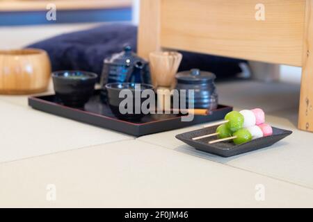 Art of Japanese living green tea Ryokucha traditional ceremony consist of Teapot, Tea cup, tea brush put in Stock Photo