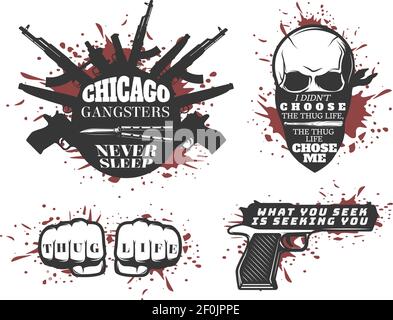 Set with four isolated illustrations bloody with skulls fists and mafia weapons on blank background flat vector illustration Stock Vector