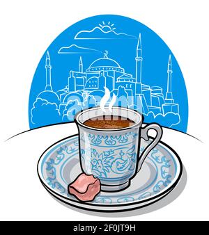 Illustration of the flavour traditional turkish coffee on the mosque background in Istanbul. Stock Vector