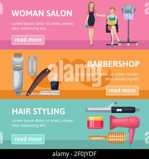 Three horizontal banners set for barbershop and woman beauty salon with cartoon style characters and tools vector illustration Stock Vector