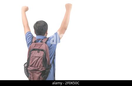 back side of winner student, carrying the schoolbag and celebrating success isolated on white background, the concept of graduation. Stock Photo