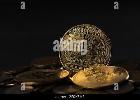 Cryptocurrency golden bitcoin coin on Thai Bath coin, electronic virtual money for web banking and international network payment, Currency Technology Stock Photo
