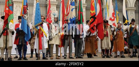 The helvetic soldiers and fighters are protecting the swiss national bank in Zürich at the Swiss national day Stock Photo