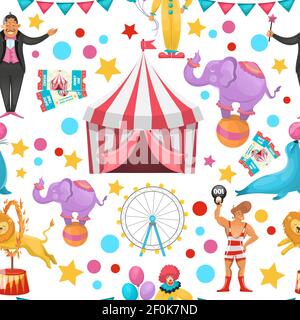 Colorful pattern with stars rounds of different colour tickets circus artist and animal symbols isolated vector illustration Stock Vector