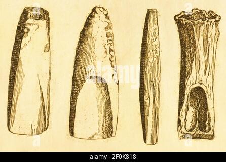 19th-century engraving of tools from the Stone Age. Published in Systematischer Bilder-Atlas zum Conversations-Lexikon, Ikonographische Encyklopaedie Stock Photo