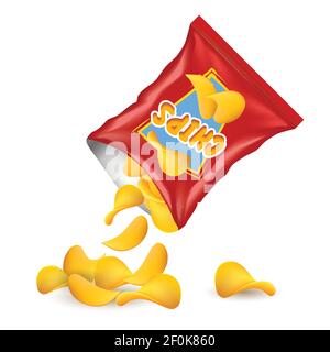 Chips package concept chips spill out of the red realistic package down to the floor vector illustration Stock Vector