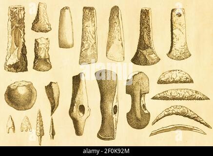 Antique illustration of tools from the Stone Age. Published in Systematischer Bilder-Atlas zum Conversations-Lexikon, Ikonographische Encyklopaedie de Stock Photo