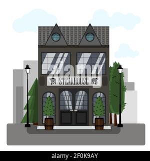 Steakhouse exterior vector illustration. Flat design of facade. Restaurant building concept. Grey two-story restaurant in the European style Stock Vector