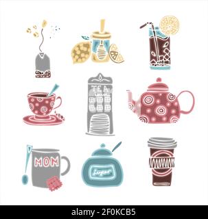 Big set of hand drawn tea doodles. A set of isolated vector drawings for tea drinking and making all kinds of coffee. A set of isolated vector Stock Vector