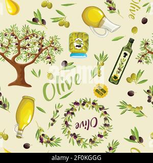 Olive seamless pattern with elements of products headlines and trees on light background vector illustration Stock Vector