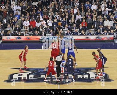 The West's Carmelo Anthony shoots over the East's Dwight Howard  during the 2010 NBA All-Star Game at Cowboys Stadium in Arlington, Texas,  Sunday, February 14, 2010. (Photo by Ron T. Ennis/Fort Worth