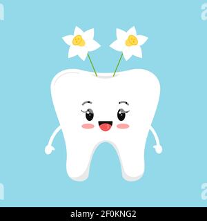 Easter cute tooth with narcissus accessory dental icon isolated on background. Stock Vector
