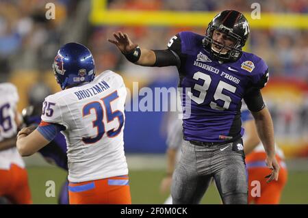 Boise State kicker Kyle Brotzman #35 and TCU wide receiver Jeremy