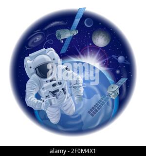 Concept illustration of the exploration of the galaxy and space, astronaut and space ships in outer space. Stock Vector