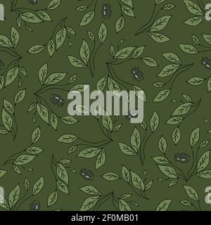 Seamless vector pattern with green leaves and beetles. Dark wallpaper design with bugs and leaf. Stock Vector