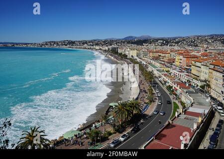 Nice, France - March 30, 2018 - view from above on the English Promenade. The Promenade des Anglais  is a promenade along the Mediterranean at Nice Stock Photo