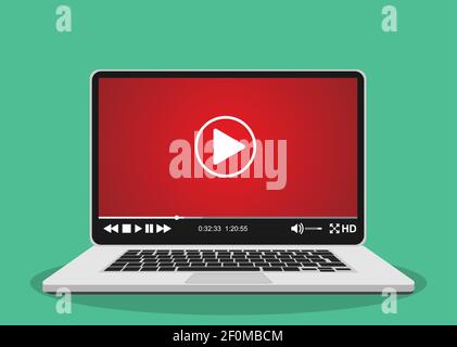 Modern notebook with video player on screen. Stock Vector