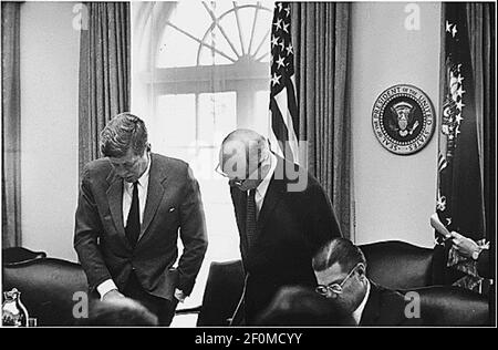 Meeting of the Executive Committee of the National Security Council to discuss the Cuban Missile Crisis in the Cabinet Room at the White House in Washington, DC on October 29, 1962. Left to right: United States President John F. Kennedy, US Secretary of State Dean Rusk, US Secretary of Defense Robert S. McNamara. (Photo by White House/CNP) *** Please Use Credit from Credit Field ***