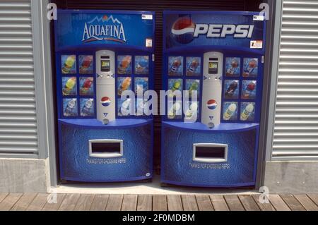Drink vending machines dispense Pepsi products including Aquafina in the NYC neighborhood of Chelsea on July 28, 2007. Bottled water has surpassed carbonated soft drinks in sales in the U.S. (Photo by Richard B. Levine) *** Please Use Credit from Credit Field ***