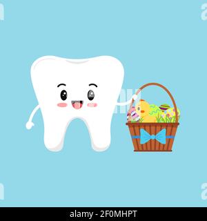 Cute tooth with easter backet with eggs and chick dental icon isolated on background. Stock Vector
