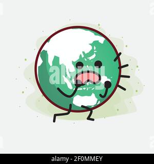 Vector Illustration of Earth Globe Character with cute face, simple hands and leg line art on Isolated Background. Flat cartoon doodle style. Stock Vector