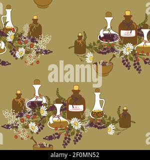 Seamless vector pattern with witch herb bottles on beige background. Spiritual medicine wallpaper design with lavender and yarrow plants. Stock Vector