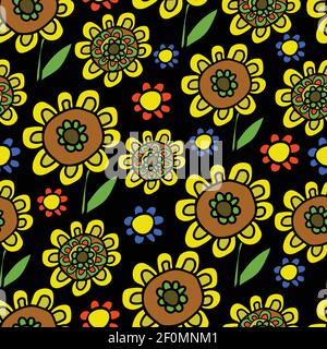 Seamless vector pattern with hand drawn sunflowers on black background. Floral art wallpaper design. Vintage fashion textile. Stock Vector