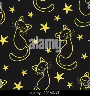 Seamless vector pattern with outlined cats and stars on black background. Simple night wallpaper design with sleeping kittens. Stock Vector