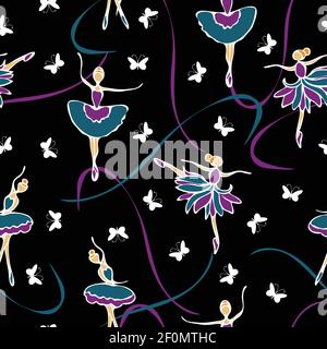 Seamless vector pattern with dancing ballerinas and butterflies on black background. Elegant girl repeat wallpaper design. Stock Vector