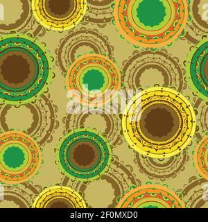Seamless retro vector pattern with yellow disc like circles on beige background.. Abstract vintage wallpaper design with brown and green. Stock Vector