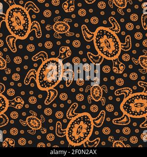Seamless vector pattern with tortoise tribal art on black background. Hand drown turtle repeat wallpaper design. African animal fashion style. Stock Vector