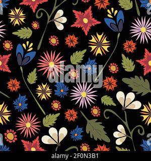 Vector seamless pattern with colourful wildflowers on black background. Perfect for greeting cards, wedding invitations, retro parties. Stock Vector