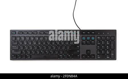 Black desktop computer keyboard isolated on white background. PC hardware device. Design element for online business, working, learning concepts. Stock Photo
