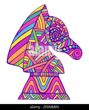 Colorful Knight Chess Piece with decorative abstract patterns doodle style, isolated on white. Stylish card with Horse chess piece. Vector hand drawn Stock Vector