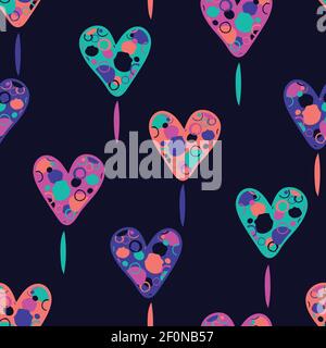 Seamless vector pattern with neon hearts on dark blue background. Simple artistic wallpaper design with textured love. Bright fashion textile. Stock Vector