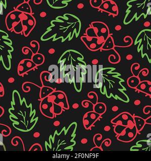 Seamless vector pattern with outlined ladybirds and leaves on black background. Simple ladybug wallpaper design. Stock Vector