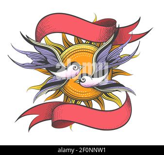 Two Flying Birds against sun and ribbons drawn in tattoo style. Vector illustration. Stock Vector