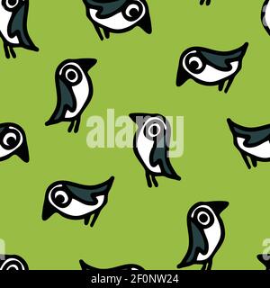 Seamless vector pattern with cartoon birds on green background. Simple robin wallpaper design. Home decoration fashion textile with sparrow birds. Stock Vector