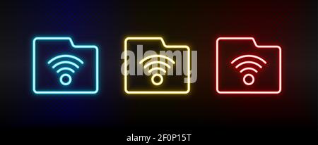 folder, storage, wireless neon icon set. Set of red, blue, yellow neon vector icon Stock Vector