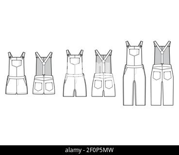 Set of Dungarees Denim overall jumpsuit technical fashion illustration with knee mini length, normal waist, high rise, pockets, Rivets. Flat front back, white color style. Women, men unisex CAD mockup Stock Vector