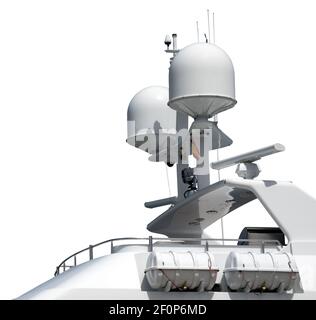 Close-up of a luxury yacht superstructure with navigation equipment, radar and antennas, isolated on white background. Stock Photo