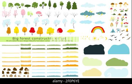 big vector set of forest, park, weather elements, various trees, shrubs grass, flowers stones mushrooms, clouds sun moon. Collection of nature icons, Stock Vector