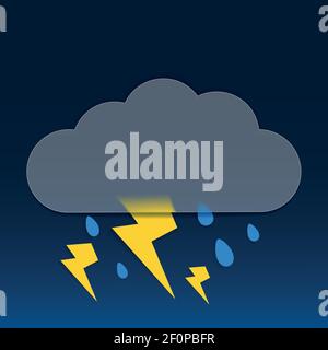 Vector drawing. Weather icon with cloud in style glass morphism, lightning and raindrops on dark background. Stock Vector