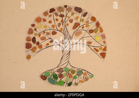 Transitory art arrangement - tree drawn on craft paper and and assortment of seaglass collected on beaches of Gran Canaria,  representing seasonal cha Stock Photo