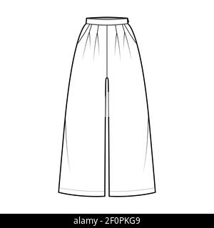 Pants culotte palazzo technical fashion illustration with normal waist, high rise, double pleats, calf length, pockets, wide legs. Flat trousers template front white color. Women men unisex CAD mockup Stock Vector