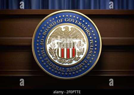 Federal Reserve System Fed sign and symbol on tribune in press conference hall. 3d illustration Stock Photo