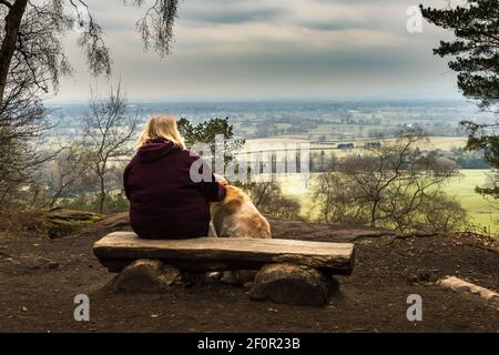 Woodland bench looking out to a scenic view from Alderley Edge dark skies and grasslands woman taking in the view with a golden retriever Stock Photo